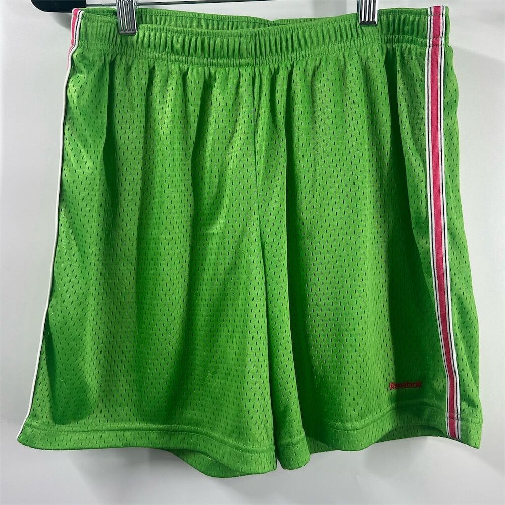 Reebok Men's M Athletic Shorts Lime Green Mesh w/ Pink Stripe Breathable